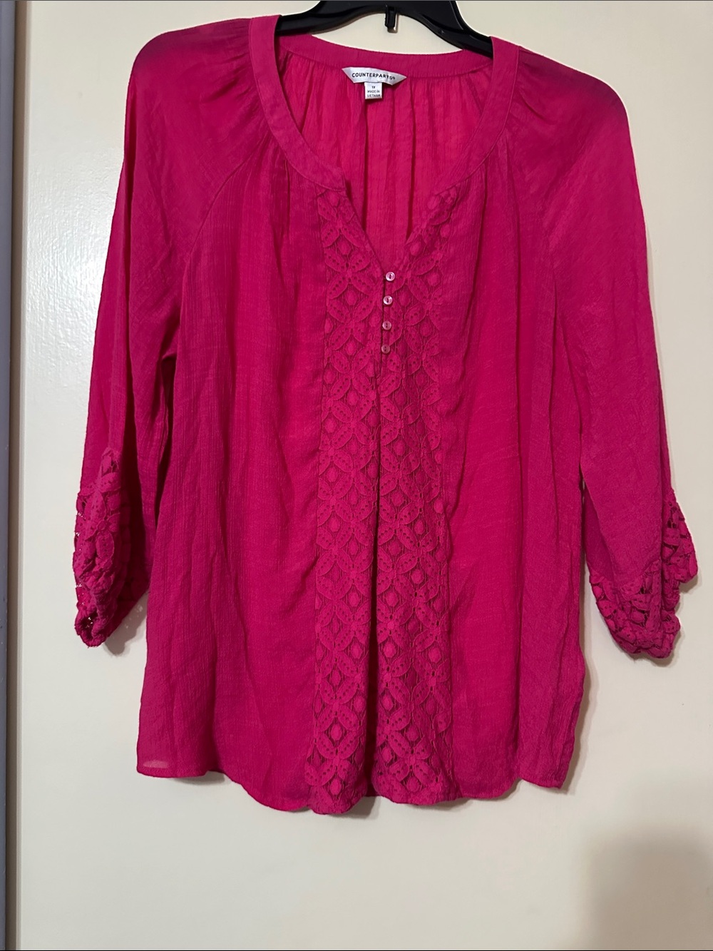 Counterparts Bright Pink Lace-Front Peasant Blouse